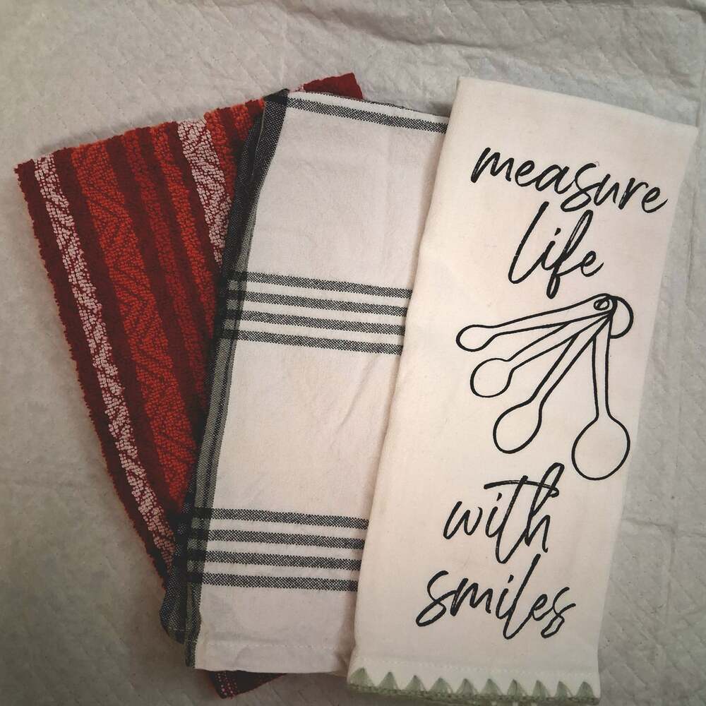 Set of 3 Kitchen Dish Towels Measure Life With Smiles Plaid and Striped